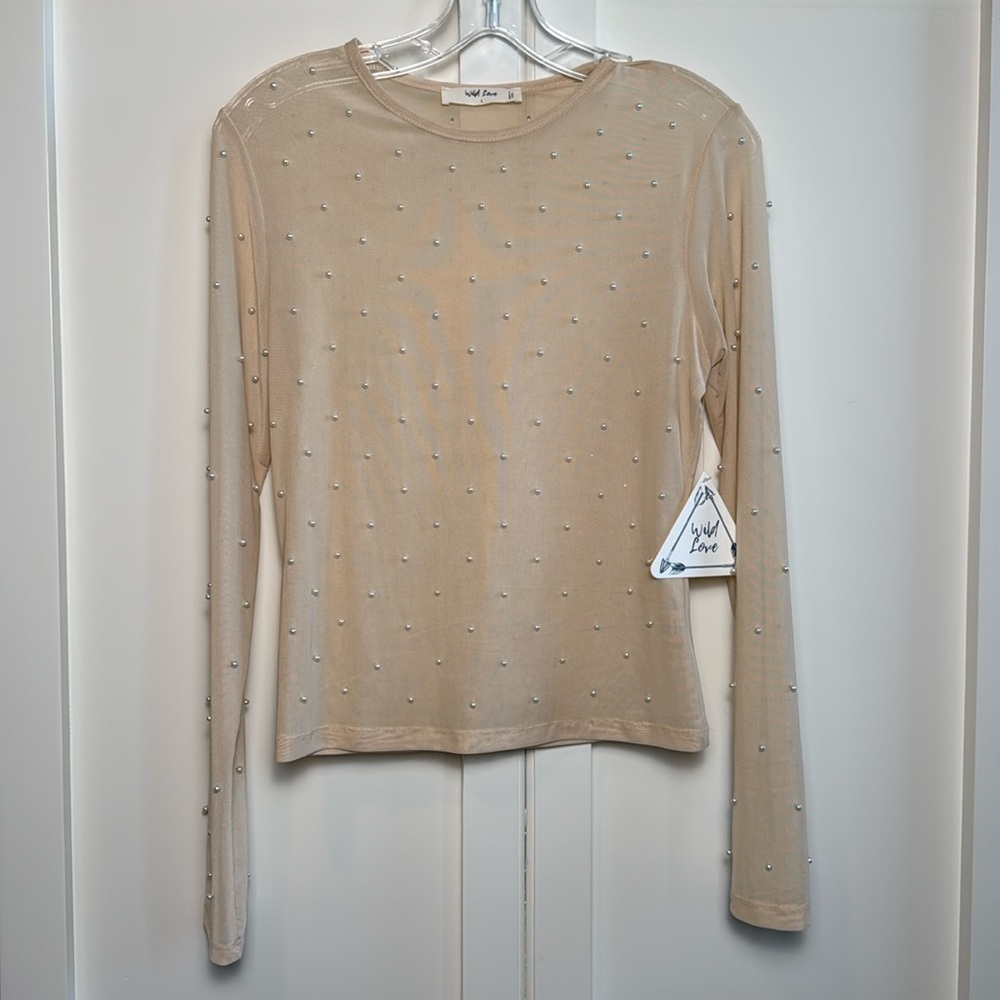 Wild Love Sheer Mesh Cropped Shirt with Pearl Detail - NWT